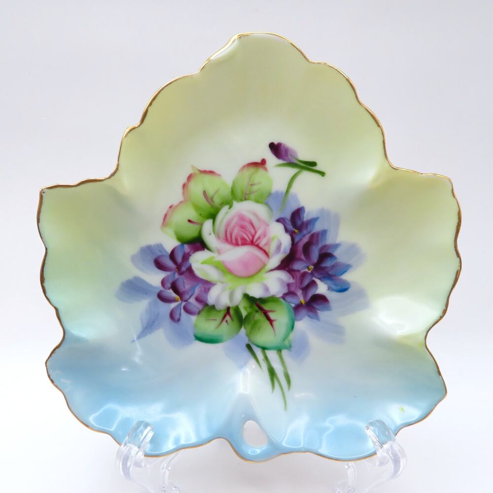 Vintage Lefton China Hand Painted Floral Leaf Dish with Gold Trim Japan #4669